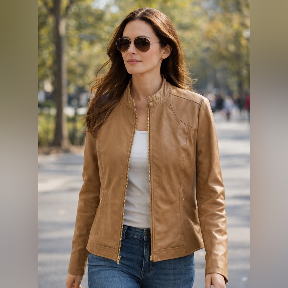 Baccini Women’s Tan Zip-Up Faux Leather Jacket Size XLP